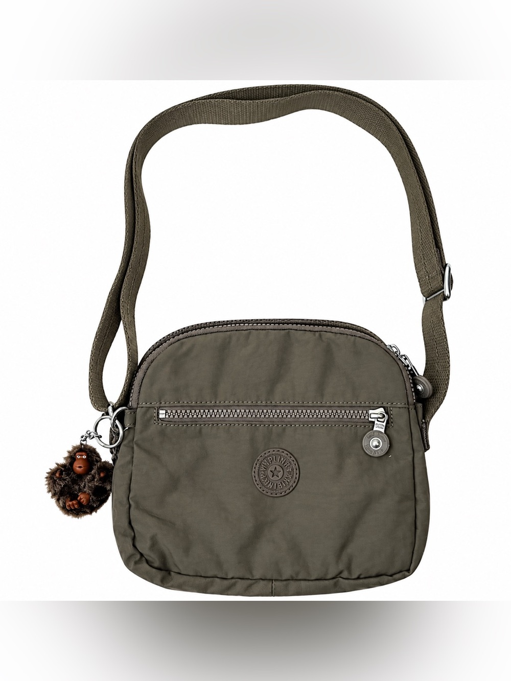 Kipling Crossbody Shoulder Bag Olive Green Nylon Monkey Keychain Zip Pockets